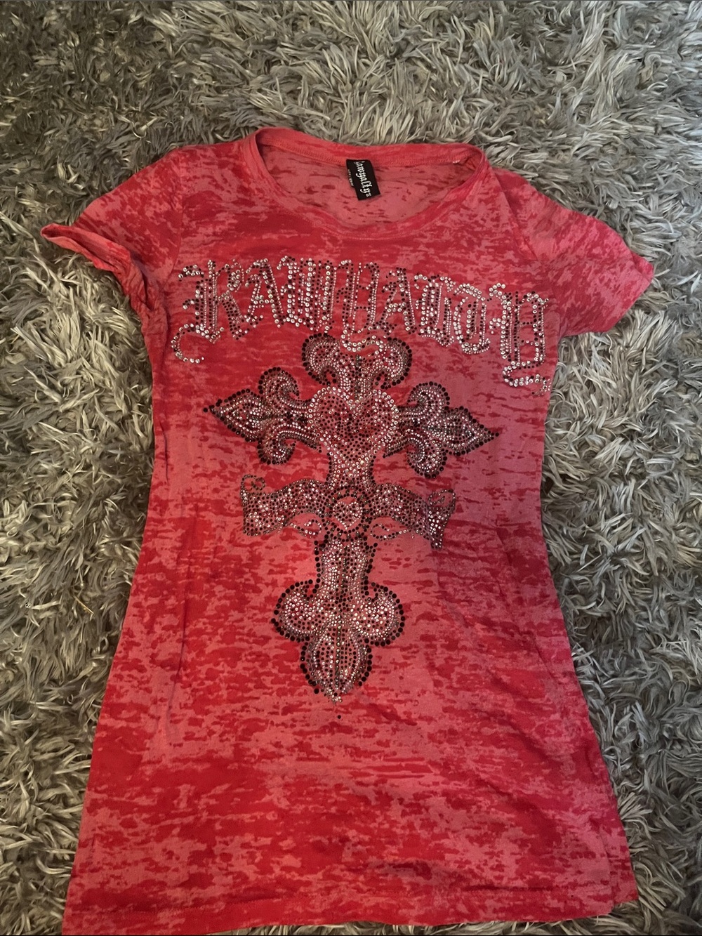 pink Rhinestone sheer Cross Tee